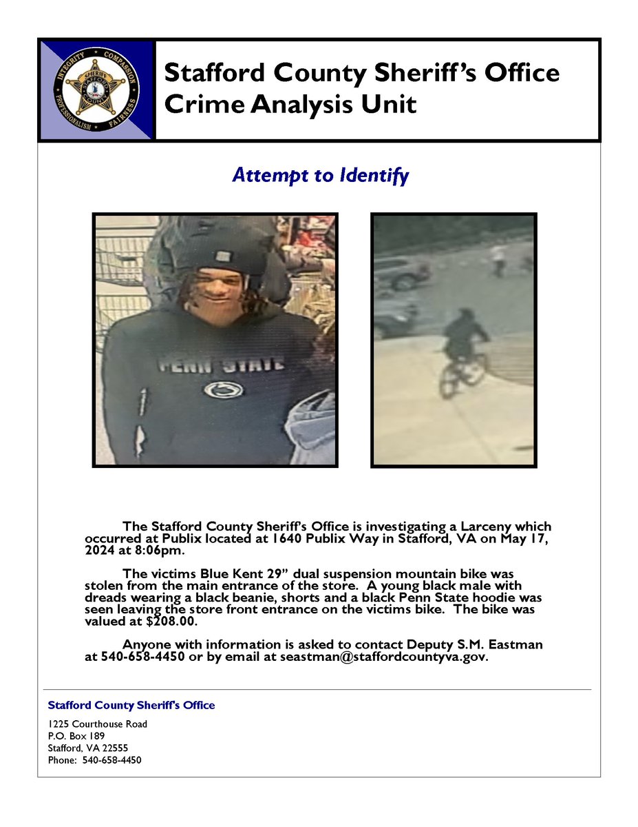 Bike Burglary: The Stafford County Sheriff's Office needs your help identifying a bike bandit. If you have information, please contact Deputy Eastman.