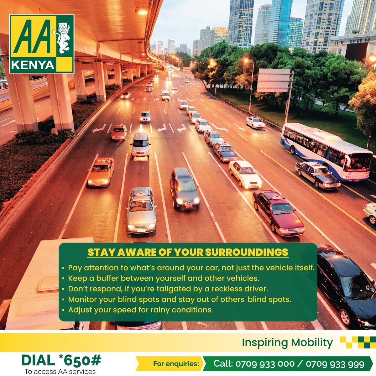 Always stay aware of your surroundings when you are behind the wheel. Paying attention to the road, other vehicles, and pedestrians helps ensure everyone's safety. #AAKenyacares #InspiringMobility