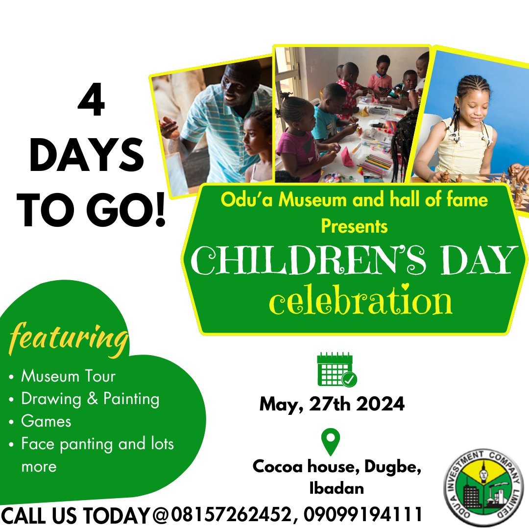 oduamuseum's tweet image. Save the Date!
The countdown has begun. 4 days to go!
Join us at the Odu'a Museum and Hall of Fame as we celebrate the Children's Day.
We have an exciting activities lined up for kids of all ages such as, games, painting, guided tour with music, face painting and many more