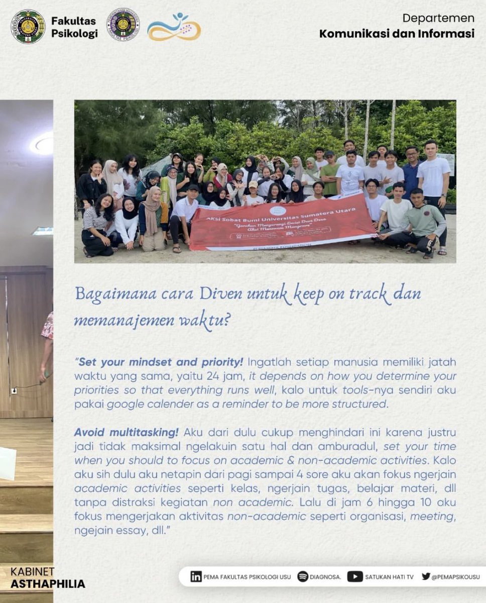 pemapsikousu's tweet photo. [Get to Know More About: Divhenia Putri Alyssa]
Kalo bahas mahasiswa yang aktif sana-sini, pasti salah satunya terlintas mahasiswa yang berasal dari angkatan 2021, yaitu Diven. https://t.co/MNtPtyKJeP