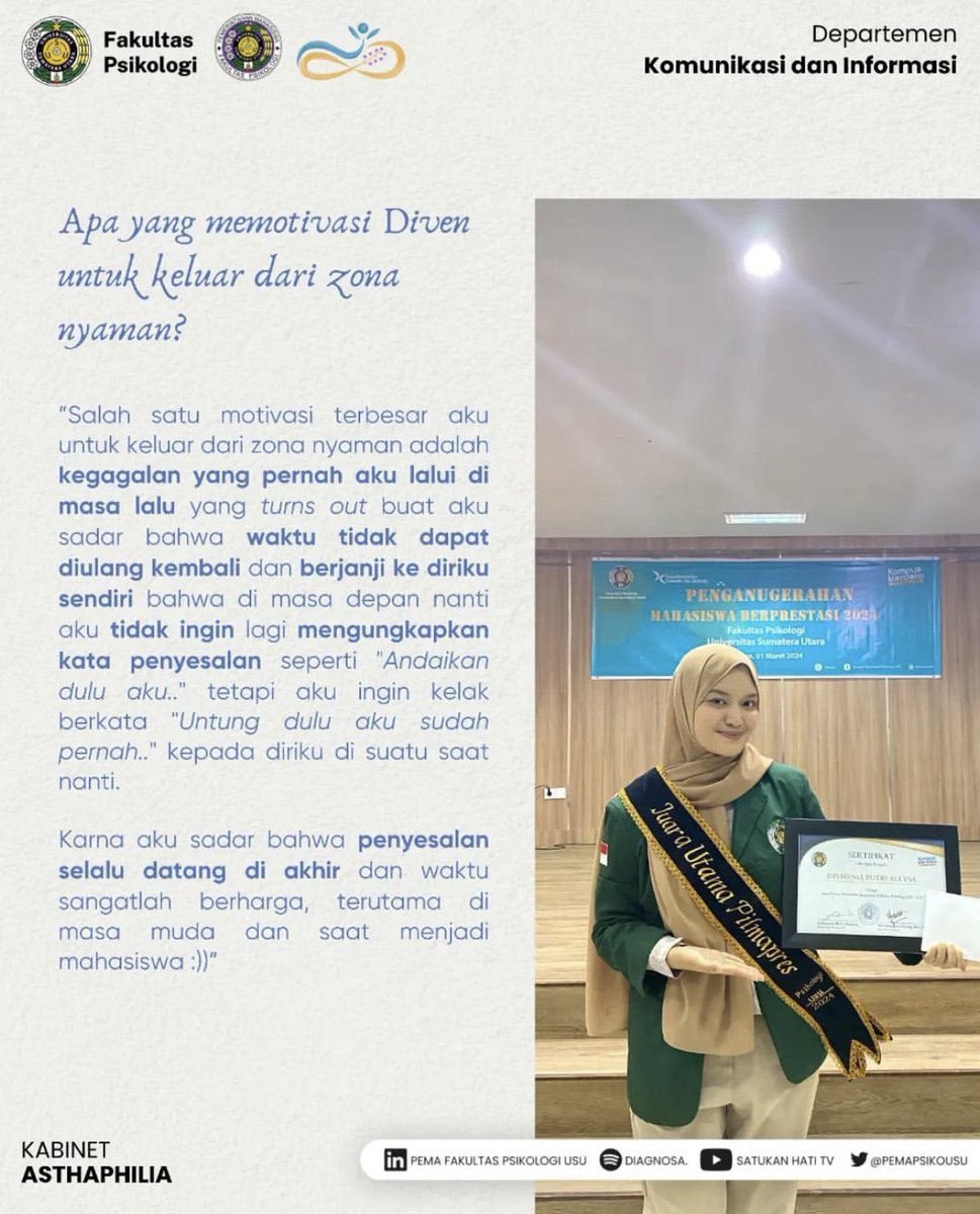pemapsikousu's tweet photo. [Get to Know More About: Divhenia Putri Alyssa]
Kalo bahas mahasiswa yang aktif sana-sini, pasti salah satunya terlintas mahasiswa yang berasal dari angkatan 2021, yaitu Diven. https://t.co/MNtPtyKJeP