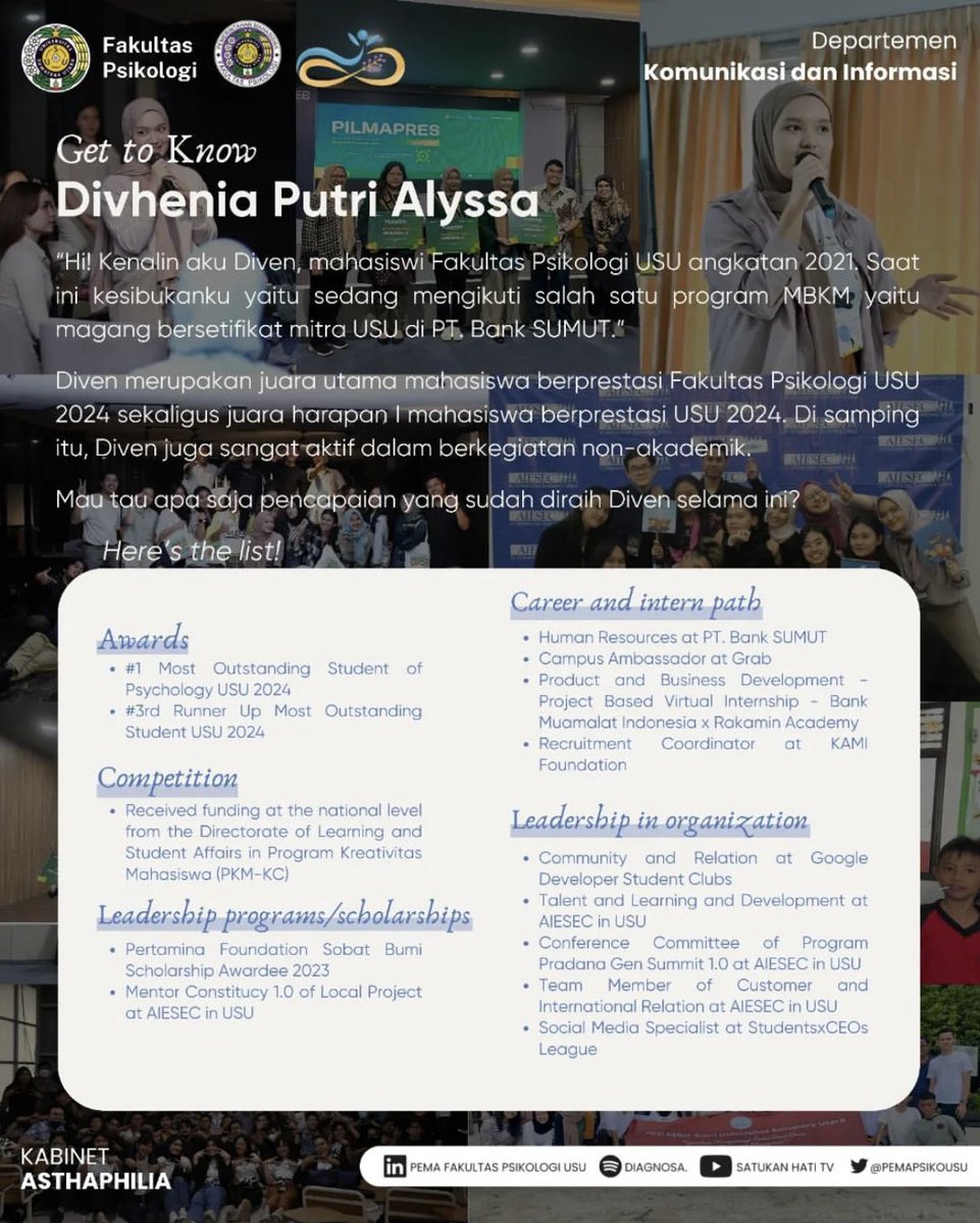 pemapsikousu's tweet photo. [Get to Know More About: Divhenia Putri Alyssa]
Kalo bahas mahasiswa yang aktif sana-sini, pasti salah satunya terlintas mahasiswa yang berasal dari angkatan 2021, yaitu Diven. https://t.co/MNtPtyKJeP
