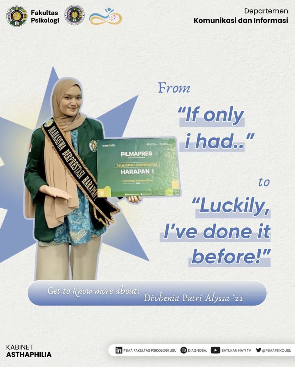 pemapsikousu's tweet photo. [Get to Know More About: Divhenia Putri Alyssa]
Kalo bahas mahasiswa yang aktif sana-sini, pasti salah satunya terlintas mahasiswa yang berasal dari angkatan 2021, yaitu Diven. https://t.co/MNtPtyKJeP