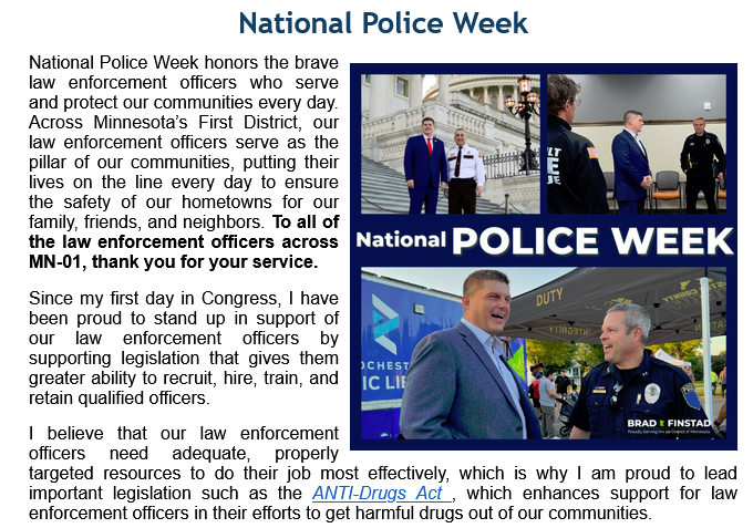 McPhersonHall's tweet photo. #FinstadInTheField
May 17 2024
#MN01 @RepFinstad celebrates Police Week and reminds voters that he sponsored #HR7487 “Assisting Narcotics and Trafficking officers in Interdicting Drugs Act” or the “ANTI-Drugs Act” without mentioning that he voted AGAINST funding it on March 22 https://t.co/0lJJhFranu