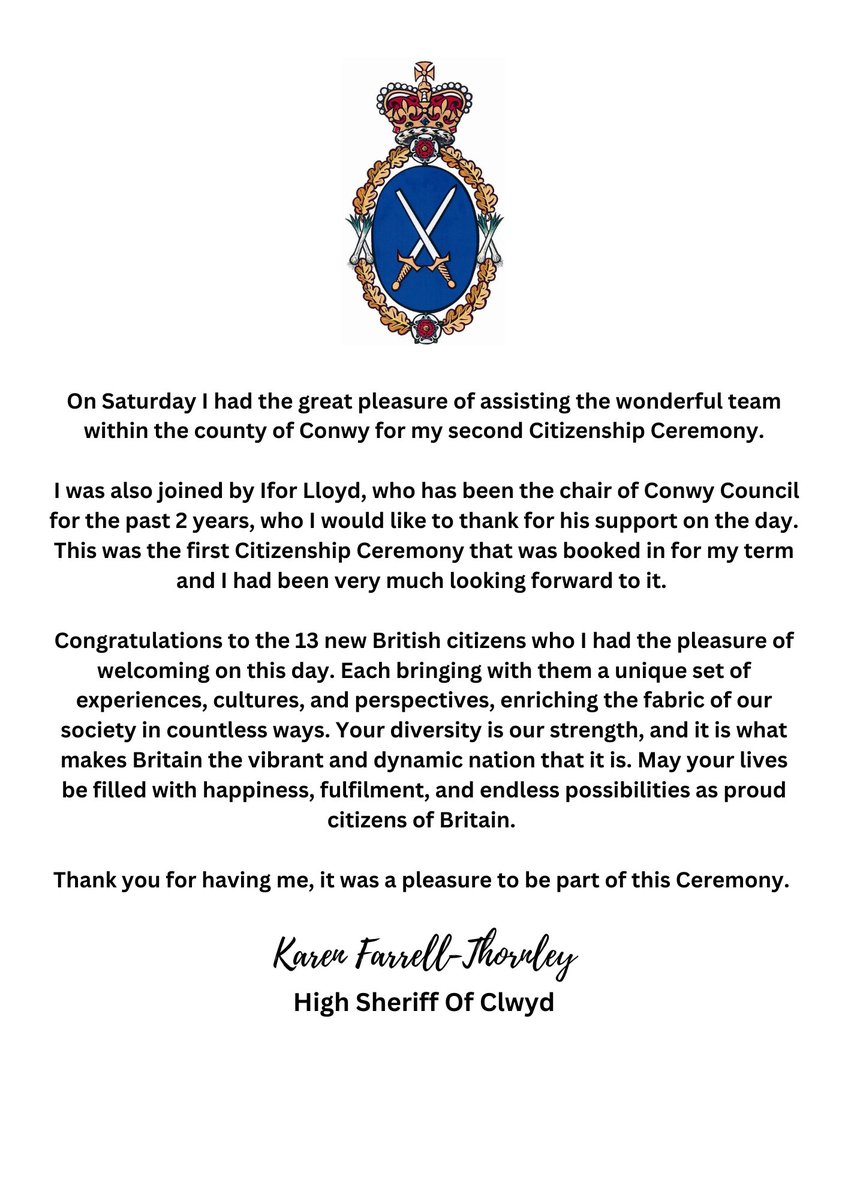 hsclwyd's tweet photo. On Saturday I had the great pleasure of assisting the wonderful team within the county of Conwy for my second Citizenship Ceremony. Thank you for having me, it was a pleasure to be part of this Ceremony. #CitizenshipCeremony #ConwyCouncil #HighSheriffs https://t.co/xKw3swsm04