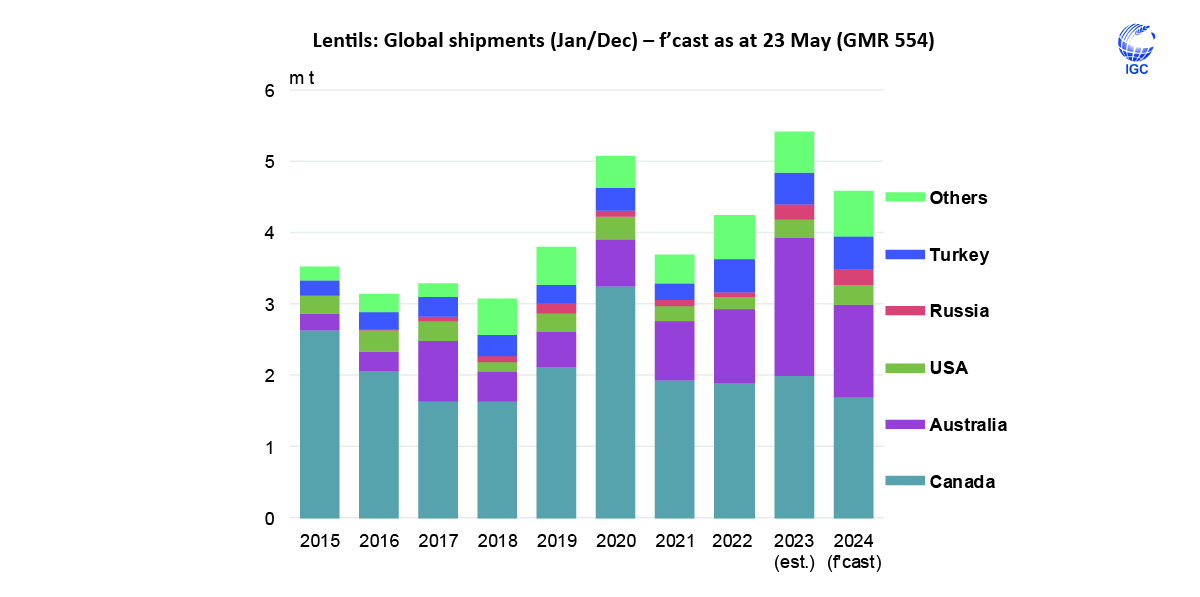 Global #lentils (#pulses) #trade in 2024 (Jan/Dec) is expected to decline markedly, owing to falls in #purchases by #India and lower exportable surpluses in #Canada and #Australia.