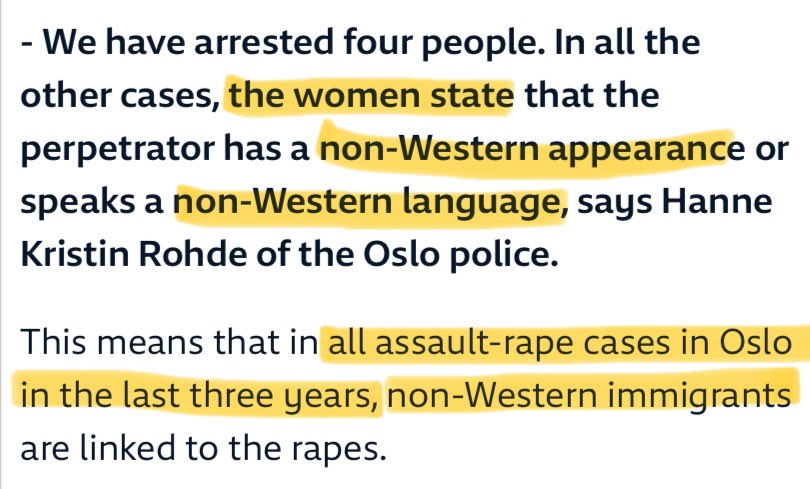 thelawofaverage's tweet photo. Immigration and multiculturalism makes Norway dangerous:

The police department of the most populous city in Norway revealed that over a 3-year-period, EVERY convicted perp of 'assault rape' was a 'non-Western immigrant'.

Their victims? Ethnic Norwegian women, 9 times out of 10. https://t.co/VFFeJepdfb