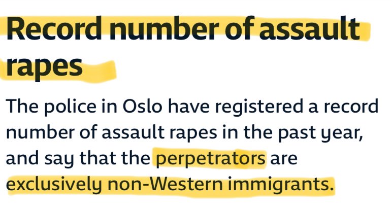 thelawofaverage's tweet photo. Immigration and multiculturalism makes Norway dangerous:

The police department of the most populous city in Norway revealed that over a 3-year-period, EVERY convicted perp of 'assault rape' was a 'non-Western immigrant'.

Their victims? Ethnic Norwegian women, 9 times out of 10. https://t.co/VFFeJepdfb