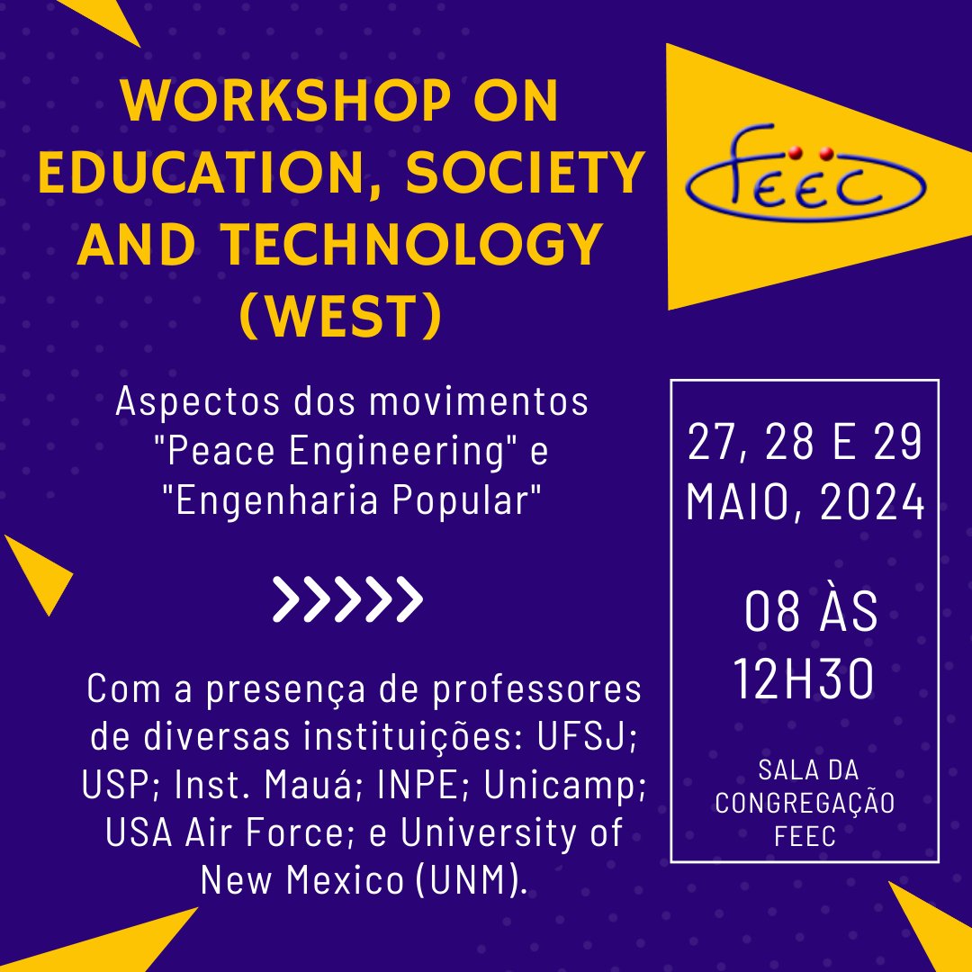 FEECUnicamp's tweet photo. Workshop on Education, Society and Technology (WEST)
Convidamos à todos para participar do WEST.
O evento será realizado nos dias 27, 28 e 29 de maio, na Sala  da Congregação da FEEC.
Confira a programação em nosso site: https://t.co/oQaKkeBuZz https://t.co/3OwxSI8JXF