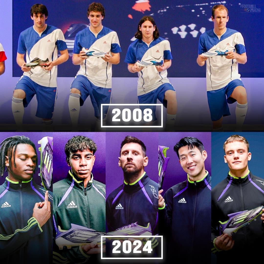 ▶️ 2008: 20 years old Lionel Messi during the launch of Adidas F50 among other football stars. ▶️ 2024: 36 years old Lionel Messi during the re-launch of Adidas F50 among the football stars Rafael Leão, Lamine Yamal, Florian Wirtz, Heung-Min Son. 16 years later, and he's still