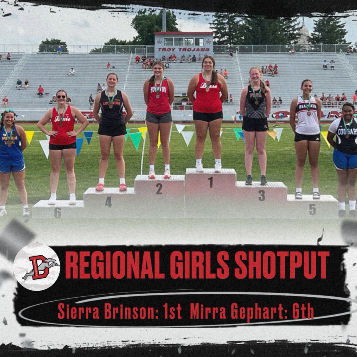 Dixie_Athletics's tweet photo. CONGRATULATIONS! To Sierra Brinson (1st) and Mirra Gephart (6th) who both placed at the Regional Track Meet last night. Sierra will move on to STATE! Mirra threw her PR of 34 feet! #throwlikeahound https://t.co/LKvJBj7Y4P