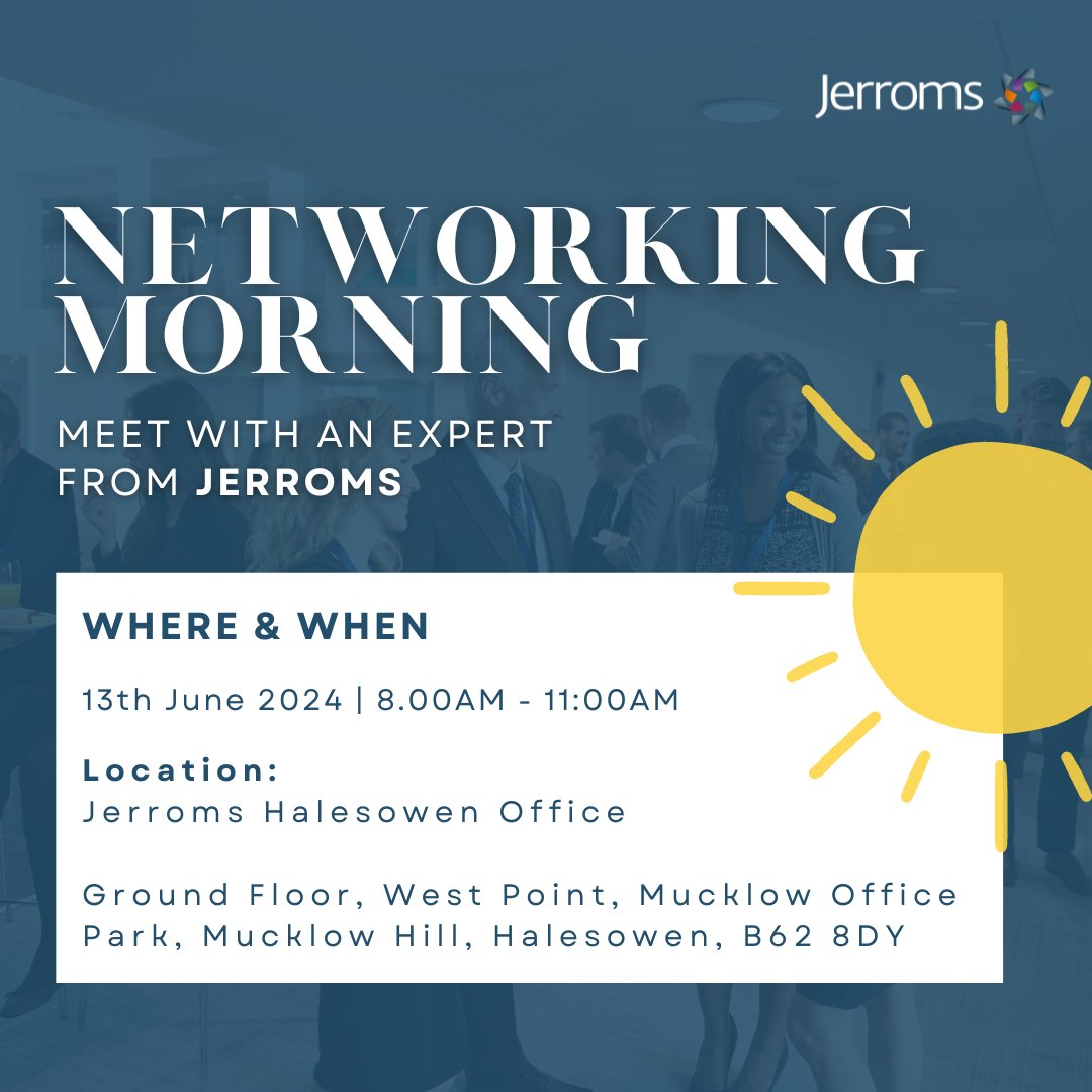JerromsUK's tweet photo. How does a morning filled with coffee, cake and networking sound?

On June 13, 8am-11am, we are opening the doors of our Halesowen office, inviting clients, local business owners and those seeking financial and business support.

RSVP today: https://t.co/IfuzQn5qKV

#Jerroms https://t.co/m0GXgquAEz