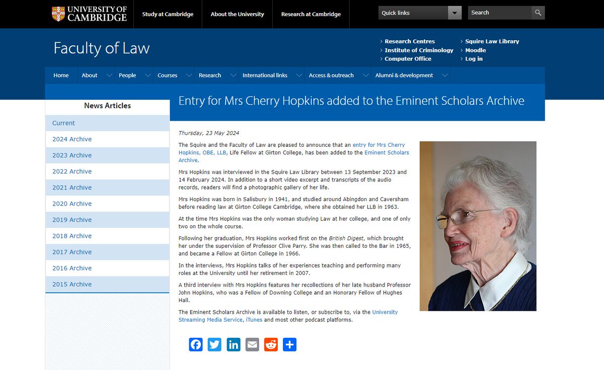 📢We're delighted to be sharing a new entry in the Eminent Scholars Archive, featuring Mrs Cherry Hopkins OBE, Life Fellow of @GirtonCollege, featuring three interviews where she reflects on her life and career:

🔗law.cam.ac.uk/press/news/202…

#ESA #WomenInLaw #EminentScholars