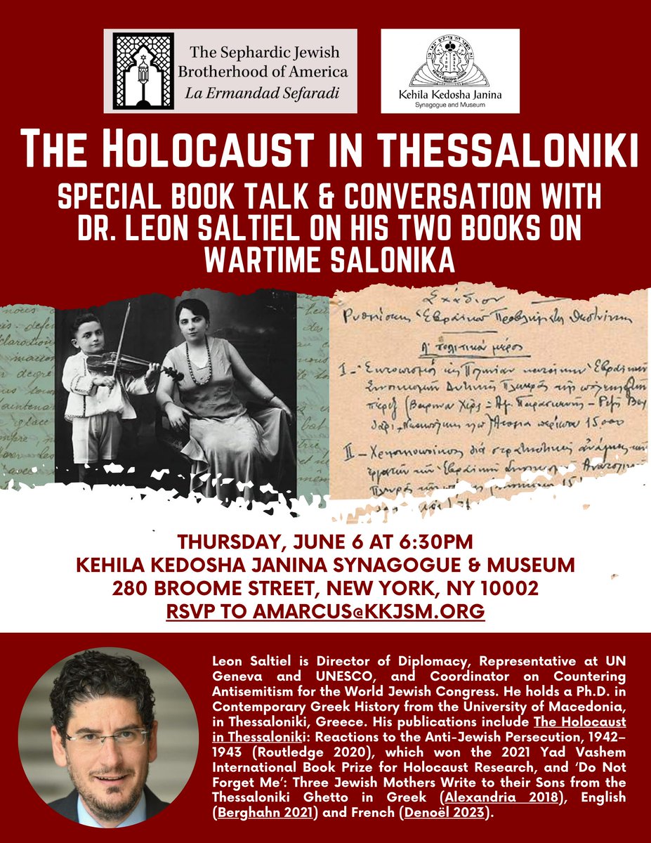 Dear New York friends, Please join me for a discussion around my two books on the Holocaust in Thessaloniki at the historic Kehila Kedosha Janina Synagogue and Museum, 280 Broome Street, on Thursday, June 6, at 6:30 pm. Looking forward to seeing you all there!