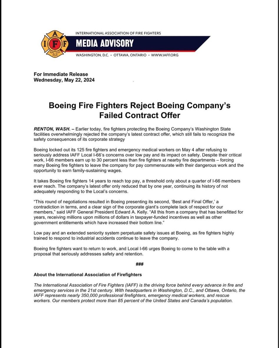 BoeingFFs's tweet photo. Here is our statement from yesterday regarding #boeing contract offer and our vote. https://t.co/CHsQOUalPc