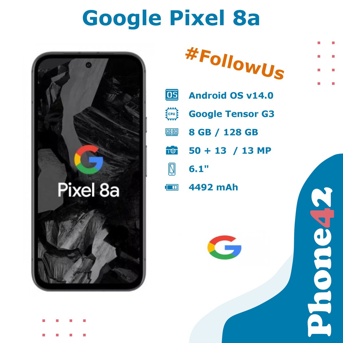 Phone42com's tweet image. 📱 Google Pixel 8a Features, Specs and Performance
✅ Pros: generous internal storage, 
⛔️ Cons: no digital compass, ...
Want more info? Head to our website! 🌐
#Phone42 #GoogleSmartphones #GooglePixel8a #SmartphoneReview #GooglePhotography #PhoneReviews 
phone42.com/google/google-…