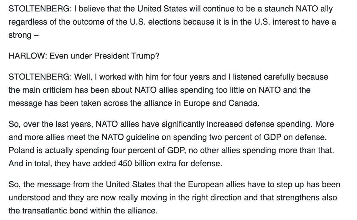 Trump 'truthed' praise of himself from the NATO Secretary-General last night at 2:00am. In the interview Trump posted, Jens Stoltenberg says he worked with Trump for four years, and this made him confident that Trump supports NATO, since Trump favors increased spending on NATO