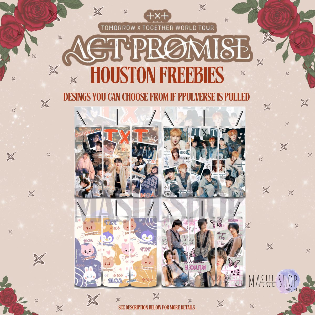 Freebies 🥀✨for Houston MOA!
i hope you guys like them as much as i do ♡ open to trade! each bag will include: 
1 acrylic keychain
1 holo pc
1 sticker + candy.
i will post my location on my ig stories. ♡
#TXT_IN_HOUSTON #ACT_PROMISE #TXT_TOUR_ACTPROMISE #TXTFREEBIES #TXT #MOA