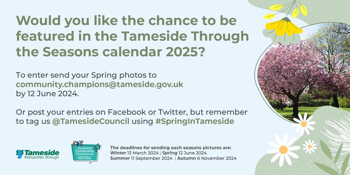 Would you like the chance to be featured in the Tameside Through the Seasons Calendar 2025? 🗓️ Get outdoors and take pictures of the beauty in Tameside throughout each changing season 🌸🌳 Spring deadline: 12 June 2024 Entry is open to ALL! Please see below for more details 👇