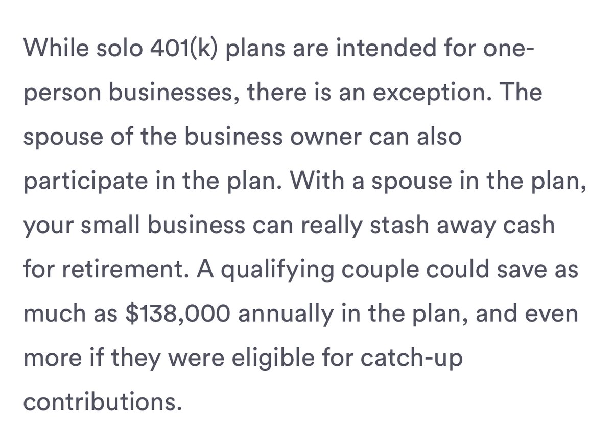 > start a small business > set up a solo 401k for you and your spouse > contribute $69,000 of earnings *per spouse* > shield $138,000 of income from taxes Am I missing something or is this the most insanely generous tax benefit ever created? 🇺🇸🇺🇸🇺🇸