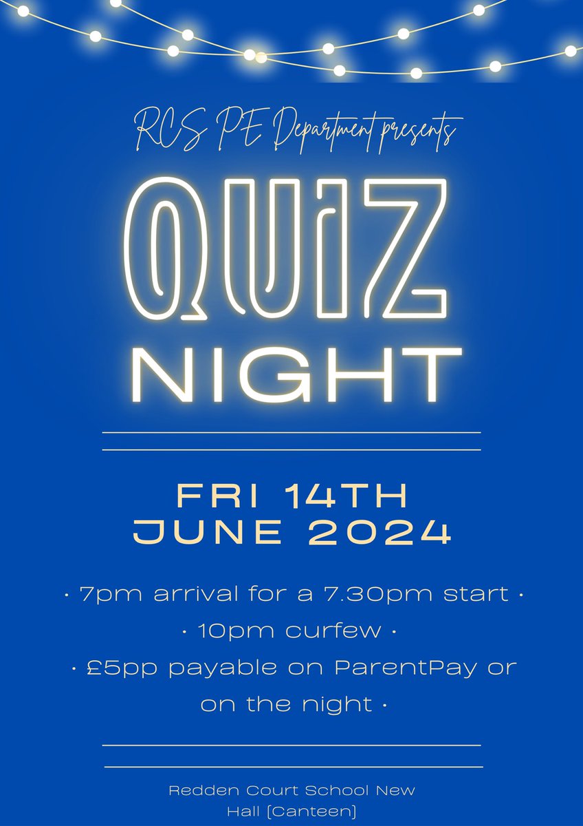 ☀️SUMMER QUIZ NIGHT☀️ 🗓️: Friday 14th June ⌚️: 730pm - 10pm 📍: @ReddenCourt New Hall 💷: £5 Tickets are available on ParentPay now, so grab your team and we’ll see you there!