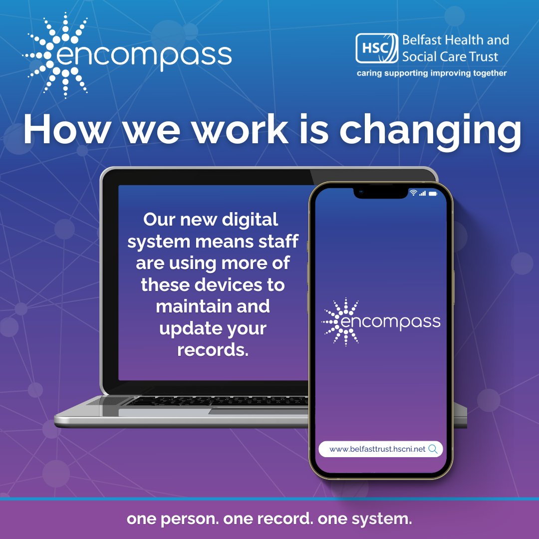 Our new digital system allows staff that are caring for you to access your information at the touch of a button.

This means that staff will be using more devices, including mobile phones, to access and update your records.

For more info, visit: bit.ly/3wOM9Go