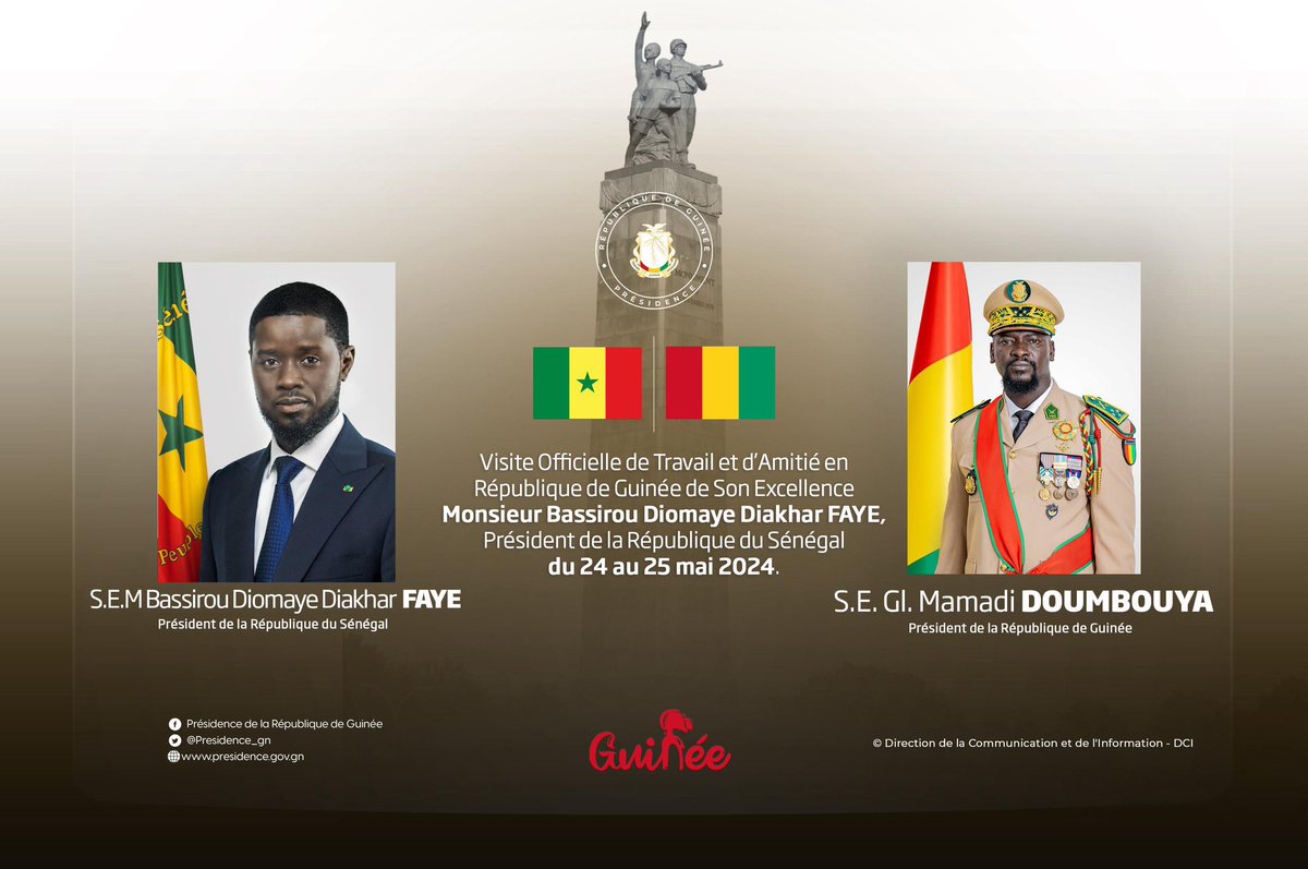 📌🚨Le Président de la République du Sénégal, 𝗦𝗘𝗠 𝗕𝗮𝘀𝘀𝗶𝗿𝗼𝘂 𝗗𝗶𝗼𝗺𝗮𝘆𝗲 𝗗𝗶𝗮𝗸𝗵𝗮𝗿 𝗙𝗔𝗬𝗘 sera à Conakry du 24 au 25 mai 2024 pour une visite de travail et d’amitié.