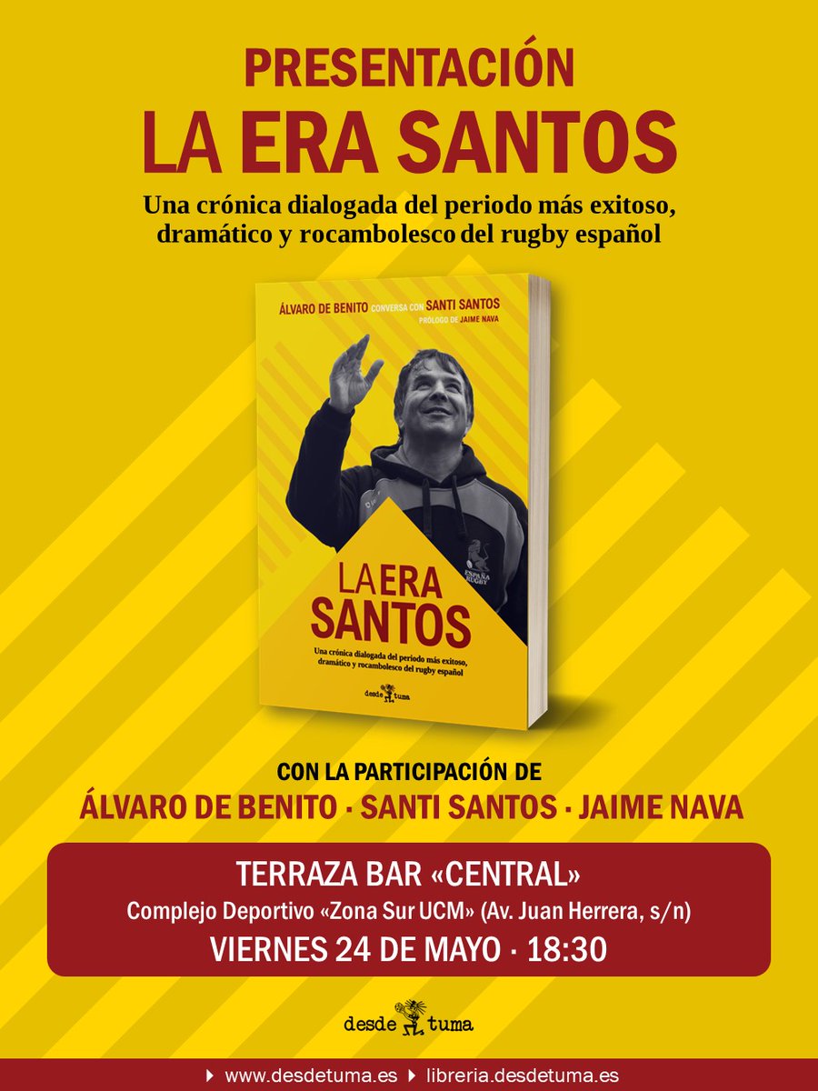 🙋🏻‍♂️ Recordaros que mañana presento «La era Santos», una crónica dialogada del periodo más exitoso, dramático y rocambolesco del rugby español, junto a Santi Santos y Jaime Nava. Será a las 18:30 en la terraza de El Central, en Madrid. Os espero para pasar una buena tarde oval.