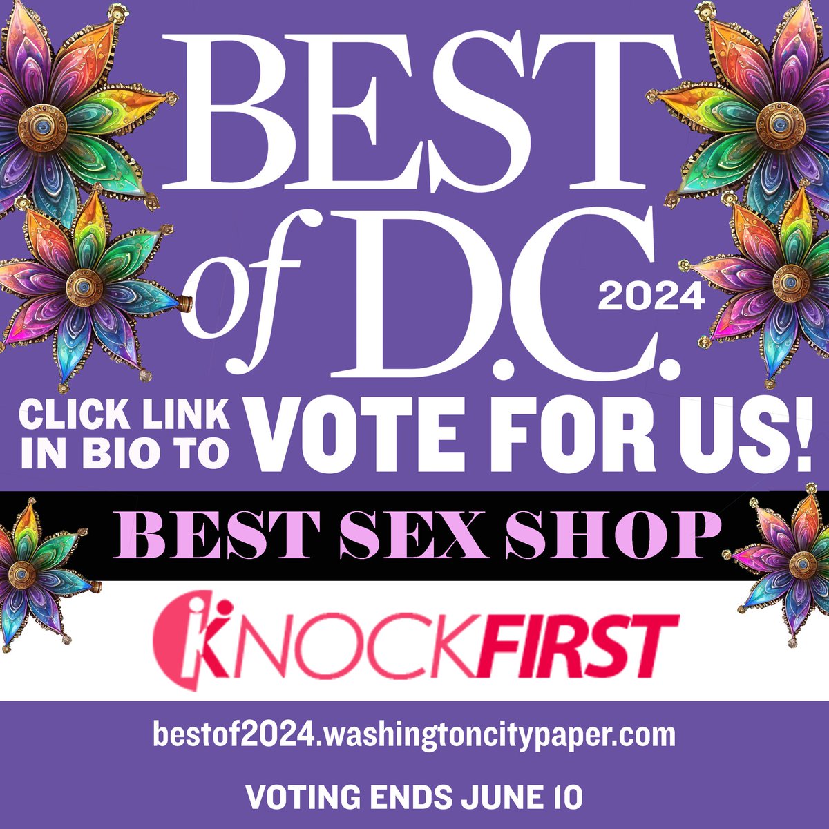 KnockFirstShop's tweet photo. Please vote for our incredible independently-owned shop! We work hard to give you what you need! Washington City Paper #dc #washingtondc #districtofcolumbia #dcnews #dclife #thingstododc #bestofdc #bestsexshop #DMV @wcp VOTE
https://t.co/jNsRECJk0w https://t.co/2JuLPtSwcu