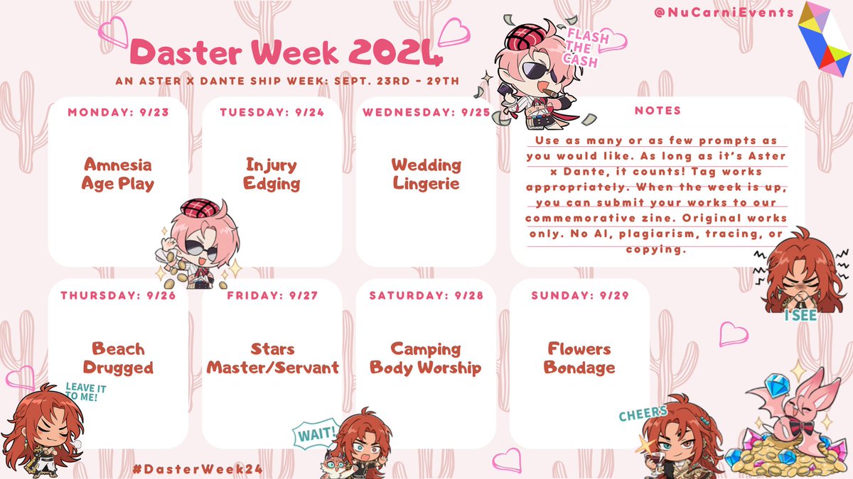 NuCarniEvents's tweet image. Greetings Daster crew! We are back for round two. ~

#DasterWeek24 will run from Sept. 23rd-29th (celebrating Daster middle birthday Sept 25th) &amp;amp; we've got some 🔥 new prompts for you!

Just like last year, when the week is complete, a celebratory zine will be made that you can +