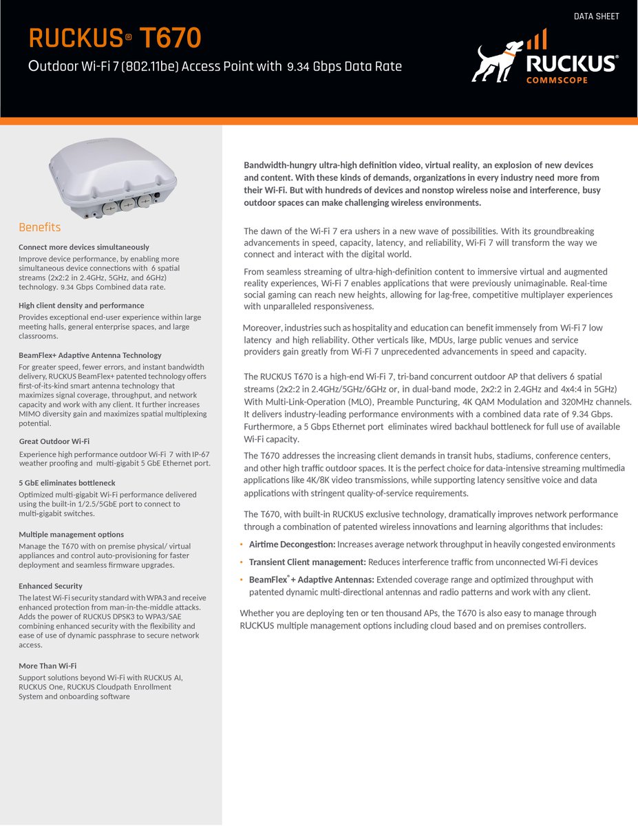 ruckusnetworks's tweet photo. The new #RUCKUS T670 is a legit game-changer. With the emergence of #WiFi7, the demand for more speed and connectivity increases ⚡️, and the T670 answers all your networks' problems. Read more about the T670 and learn what makes it run. https://t.co/jG2xveDx6P
 
#RUCKUSNetworks https://t.co/innRtOAFmP