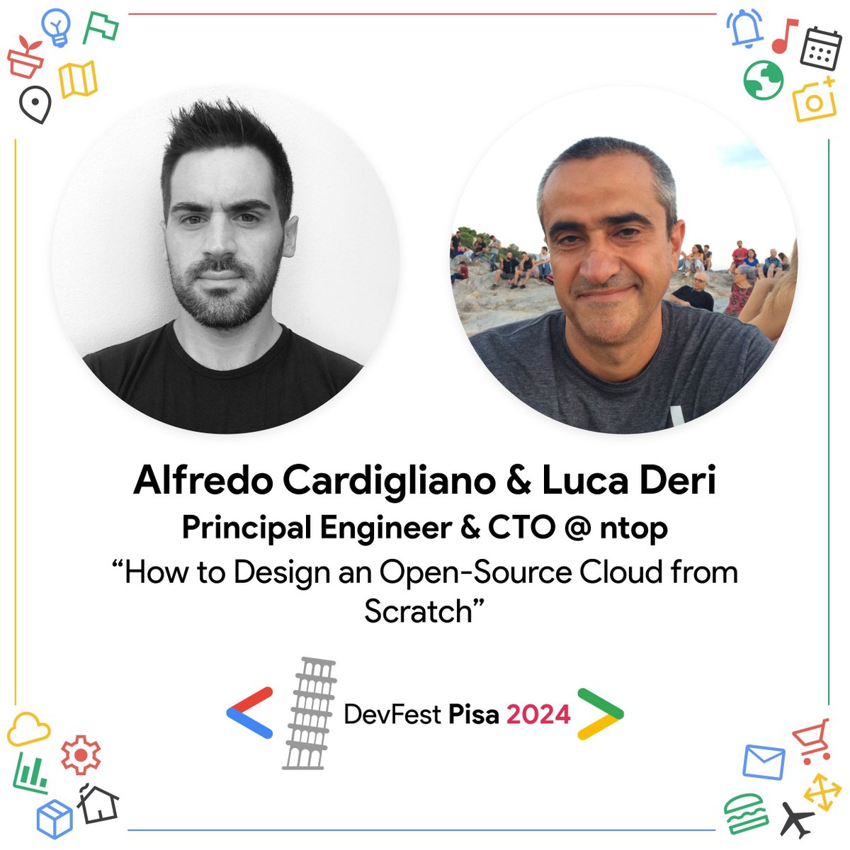 Heyla developers! 
We are thrilled to introduce Alfredo Cardigliano &amp; Luca Deri as a speaker at DevFest Pisa 2024! 
If you haven’t gotten your ticket yet, hurry up! We are waiting for you. 🥰
Get your tickets for free: buff.ly/2thmu4F 🎟️
#devfestpisa2024 gdgpisa #wtmpisa