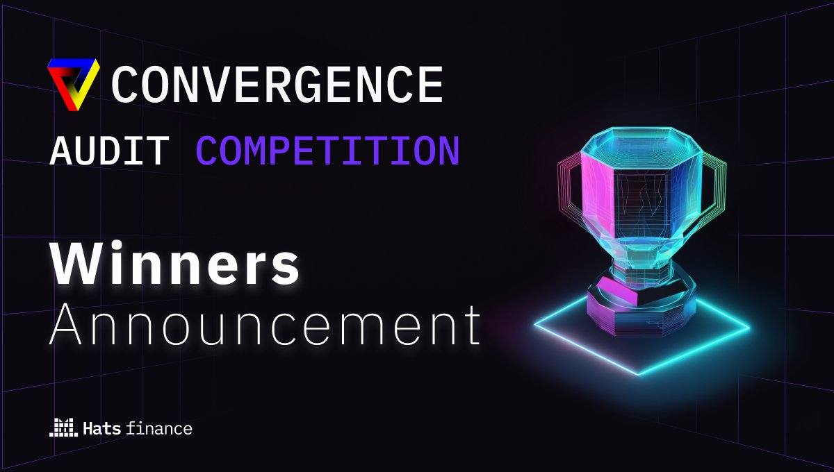 HatsFinance's tweet photo. Winners' Announcement for the @Convergence_fi audit competition is here!🏆🎉

A huge shoutout to all participants, thanks to your contributions, we're redefining Web3 security. Pull the thread for the winner list &amp; their submissions! 🧵 https://t.co/SNGBM1RtP9