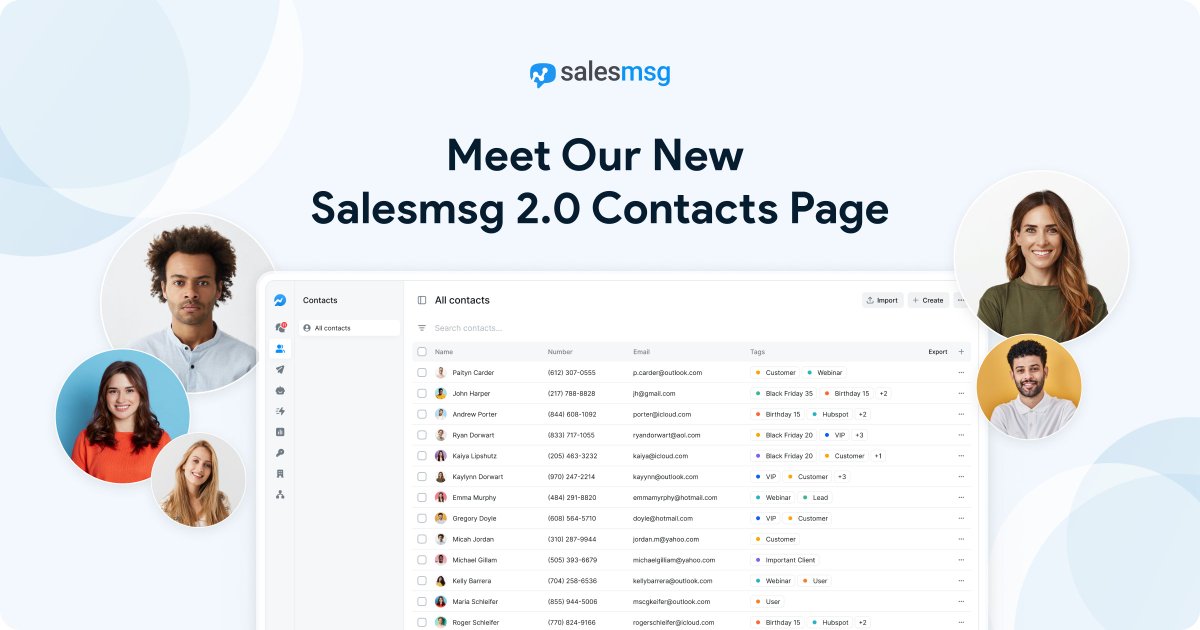 salesmsg's tweet image. Just released for Salesmsg 2.0: Introducing our all-new Contacts Page!

Search, filter &amp;amp; manage contacts with ease. Add tags. Segment by criteria. And much more.

Get the details 👉 hubs.ly/Q02yf8TZ0

#Salesmsg #ContactManagement