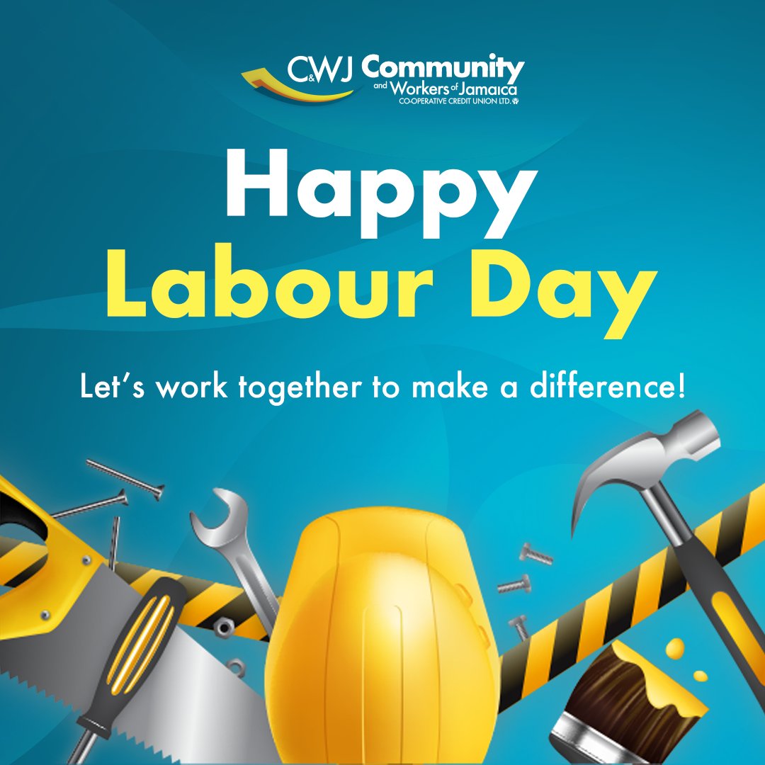 🛠️ Happy Labour Day, Jamaica! 🇯🇲 

Let's join hands and make a difference together. 💪🏾

#CWJCCU #CreditUnion #LabourDay #JamaicaStrong