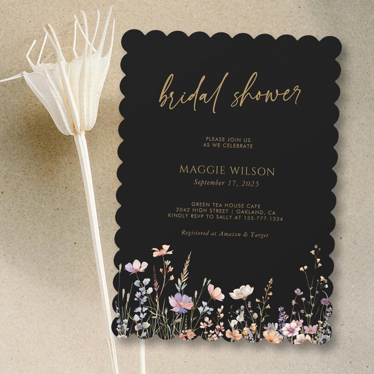 oweddance's tweet image. 🌸 Wildflowers bloom on black!  This dramatic bridal shower invite makes a bold statement. #BohoBride #ModernShower #BridalShower ✨ Personalize it! zazzle.com/boho_wildflowe…