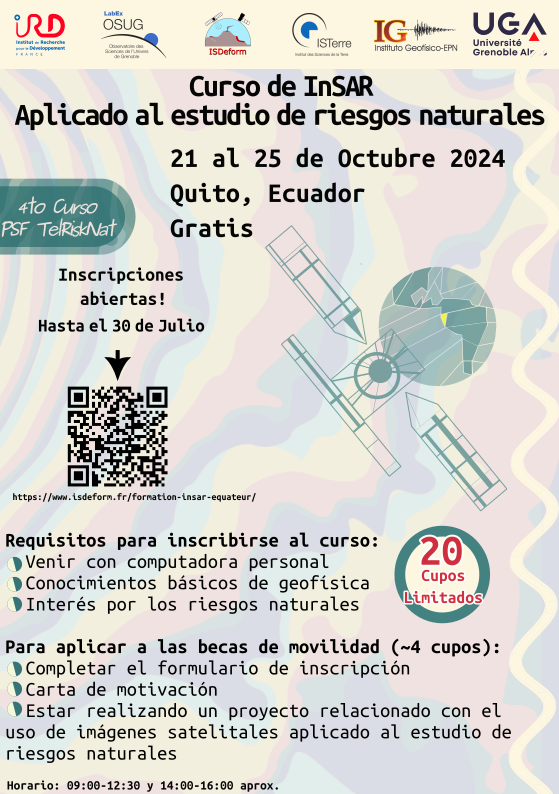 Registration opened for an InSAR workshop in Quito (Ecuador) during 21-25 October 2024. More information and links to the registration form on <a href="/ISDeform/">ISDeform</a> website : isdeform.fr/formation-insa…