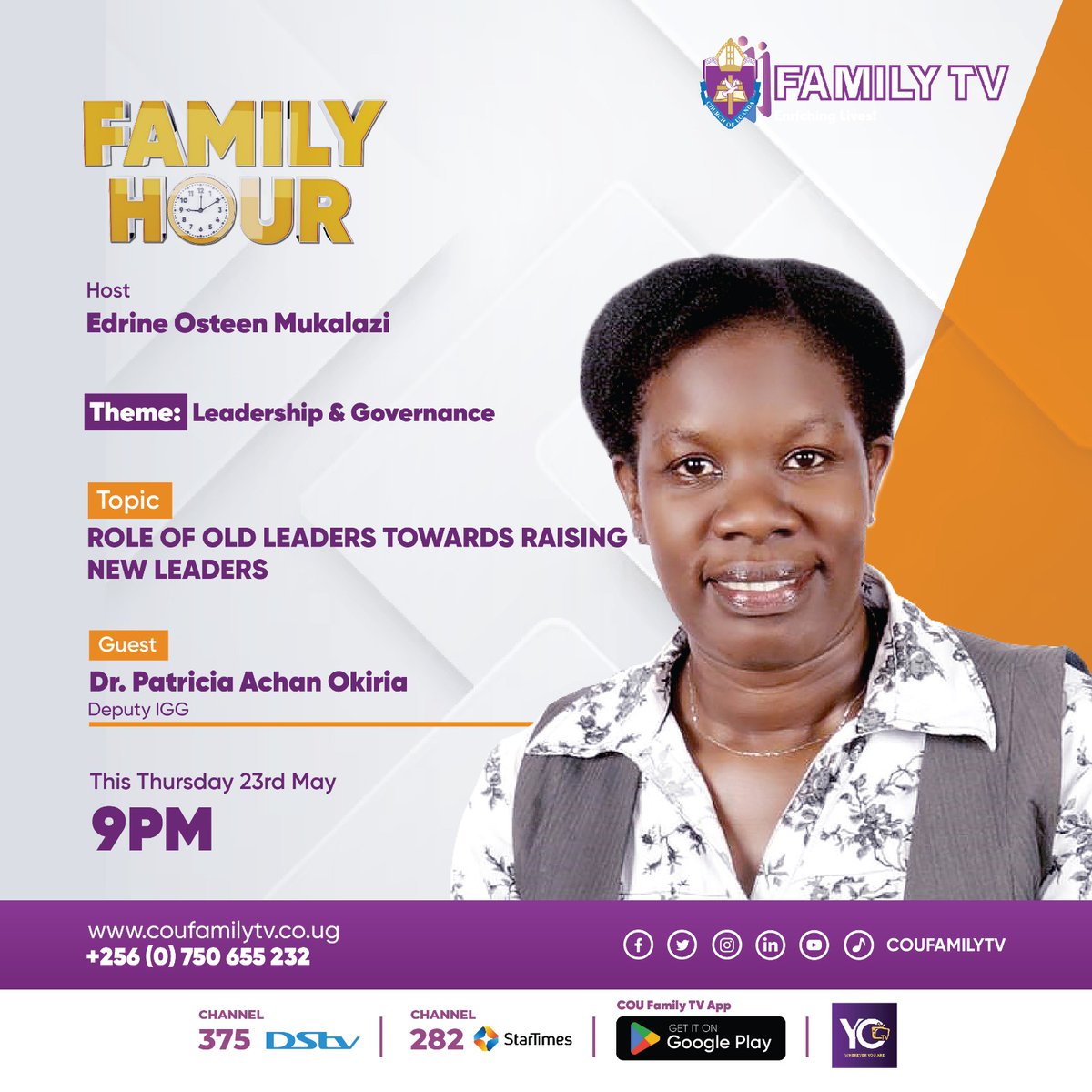 “As iron sharpens iron, so one person sharpens another” – Proverbs 27:7 Join Deputy IGG @DrOkiria tonight on @coufamilytv as she delves into how old leaders can mentor young people aspiring to be great leaders.