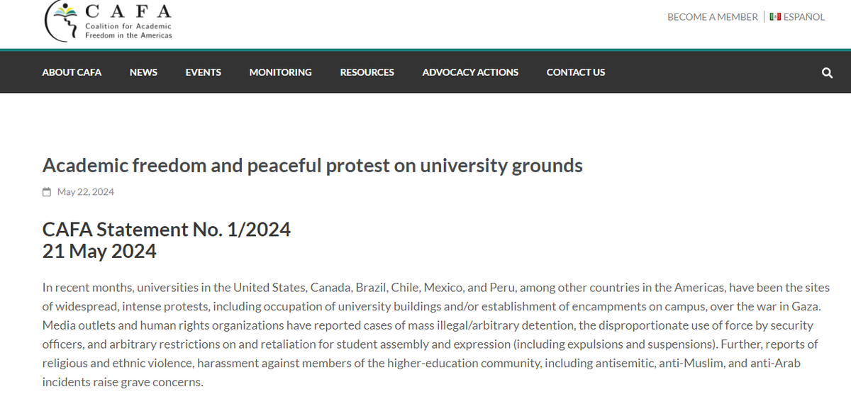 #HumanRights: We are concerned about the violence around student protests on university grounds over the war in Gaza. We ask stakeholders to take all measures to ensure a safe space for the free and open exchange of ideas on campus. Link to full statement: cafa-claa.org/academic-freed…