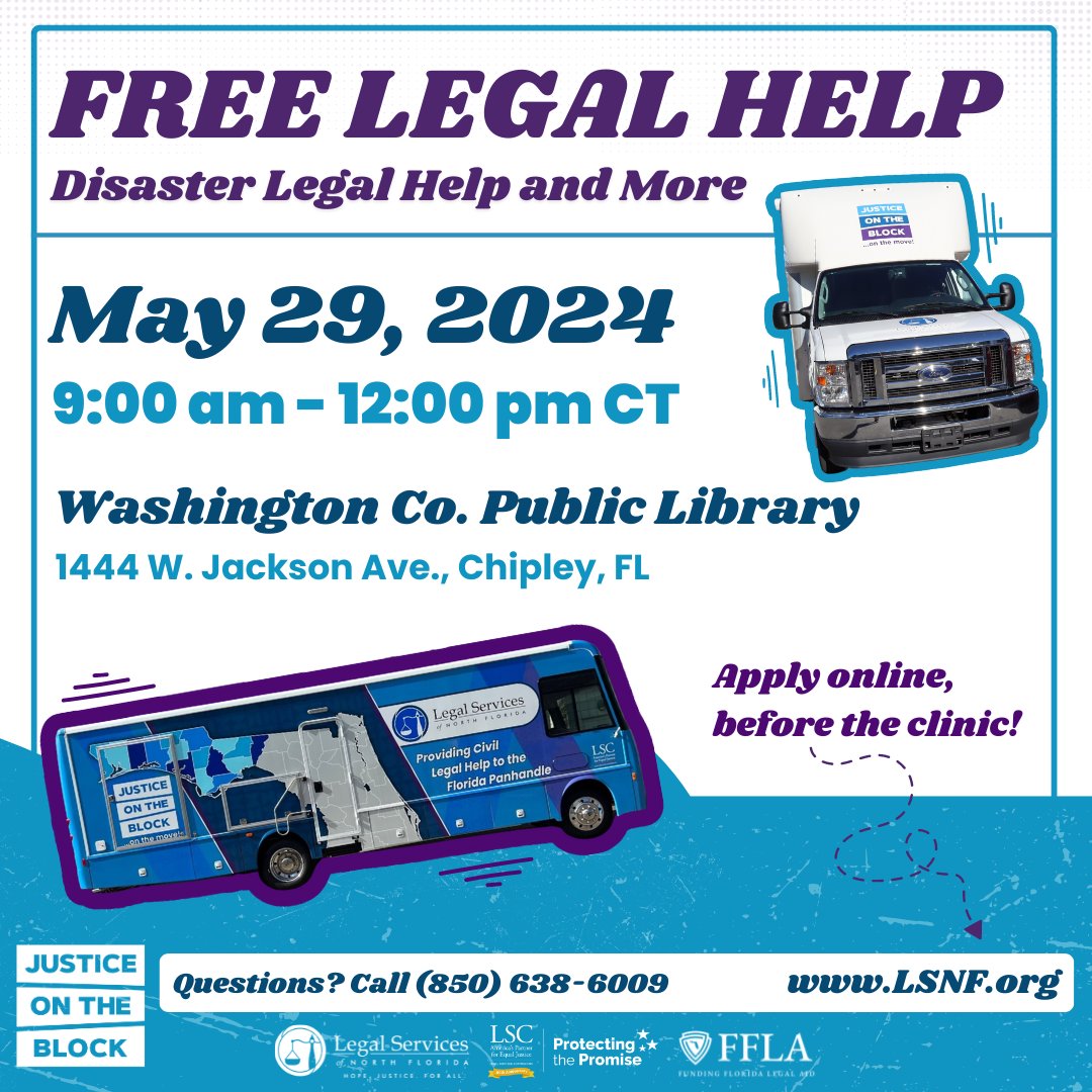 LSNF is on the move!

We are coming to Washington County on May 29th for our next stop during our Disaster Legal Help Summer Tour! 🚛 🌀 

Follow along for more dates and check out our Events Calendar for more information: lsnf.org/events/ 🚌💨
