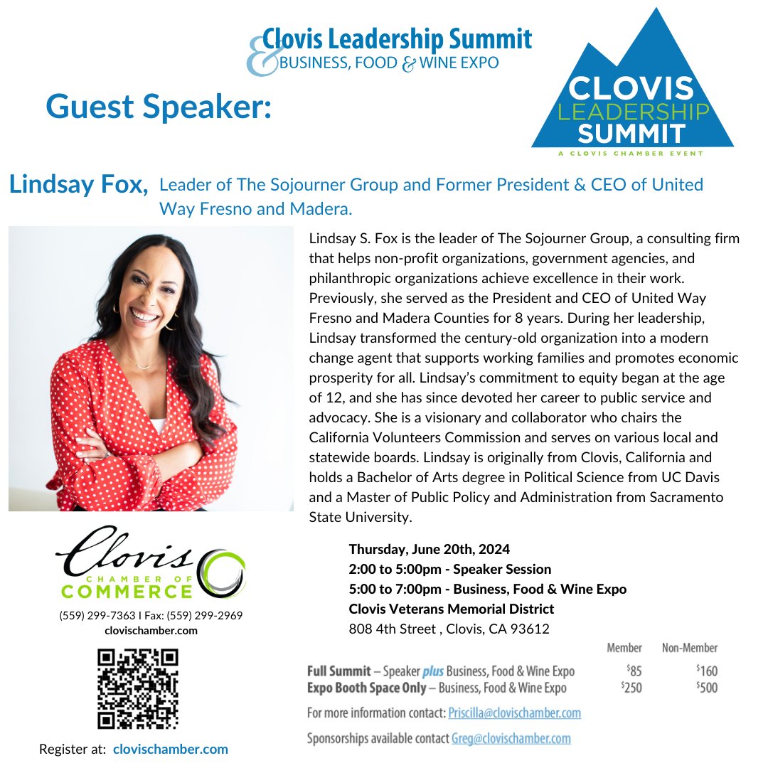 We're excited to announce Lindsay Fox, Leader of The Sojourner Group &amp; Former President/CEO of United Way Fresno &amp; Madera, as our guest speaker at Clovis Leadership Summit + Business, Food &amp; Wine Expo! Join us for inspiration &amp; empowerment.  🎟️ 🔗 bit.ly/4bDYETK