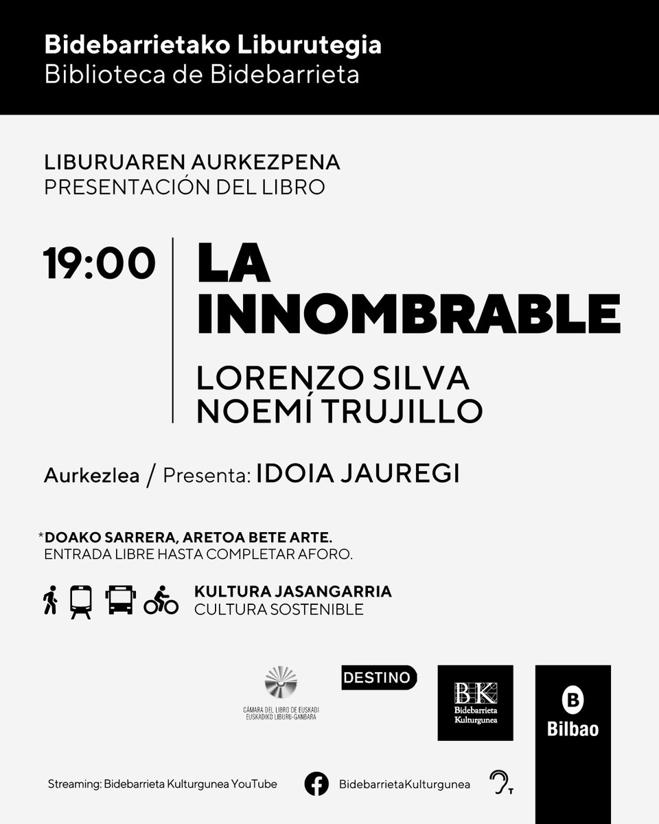 BilbaoKultura's tweet photo. 🅱️📚 Bilboko #LiburuAzoka

📙 Maiatzaren 29an, #BidebarrietaKulturgunea-k @VilaSilva eta @NoemiTrujillo-ren "La innombrable" eleberriaren aurkezpena jasoko du. Gainera, Idoia Jauregi kazetariak dinamizatuko du literatur topaketa hau 🔗 https://t.co/I9MHT0Tnd7 https://t.co/jIth1KEn3n