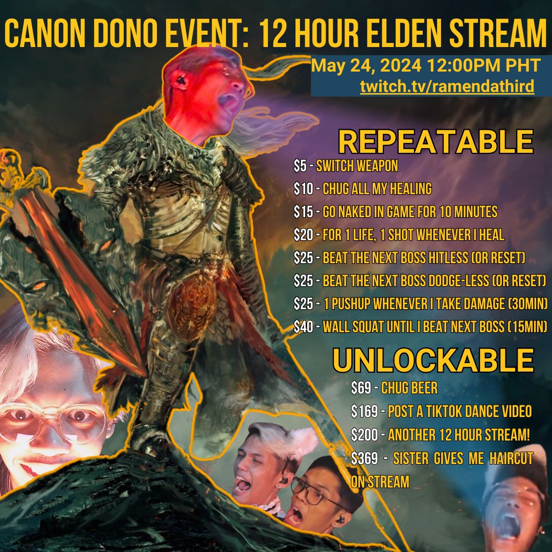 Once again, we have ourselves yet another canon dono event! Tune in to our first ever 12 HOUR Soulslike stream  🥳🎉  there will be redeems and challenges especially made for the souls theme for maximum content/suffering 👁️👁️ enjoy!