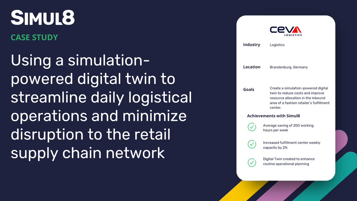 Case study: Find out how <a href="/cevalogistics/">CEVA Logistics</a> used a simulation-powered #digitaltwin to streamline daily logistical operations and minimize disruption to a retail customer’s supply chain network.

Read more here: simul8.com/case-studies/c…

#processimprovement