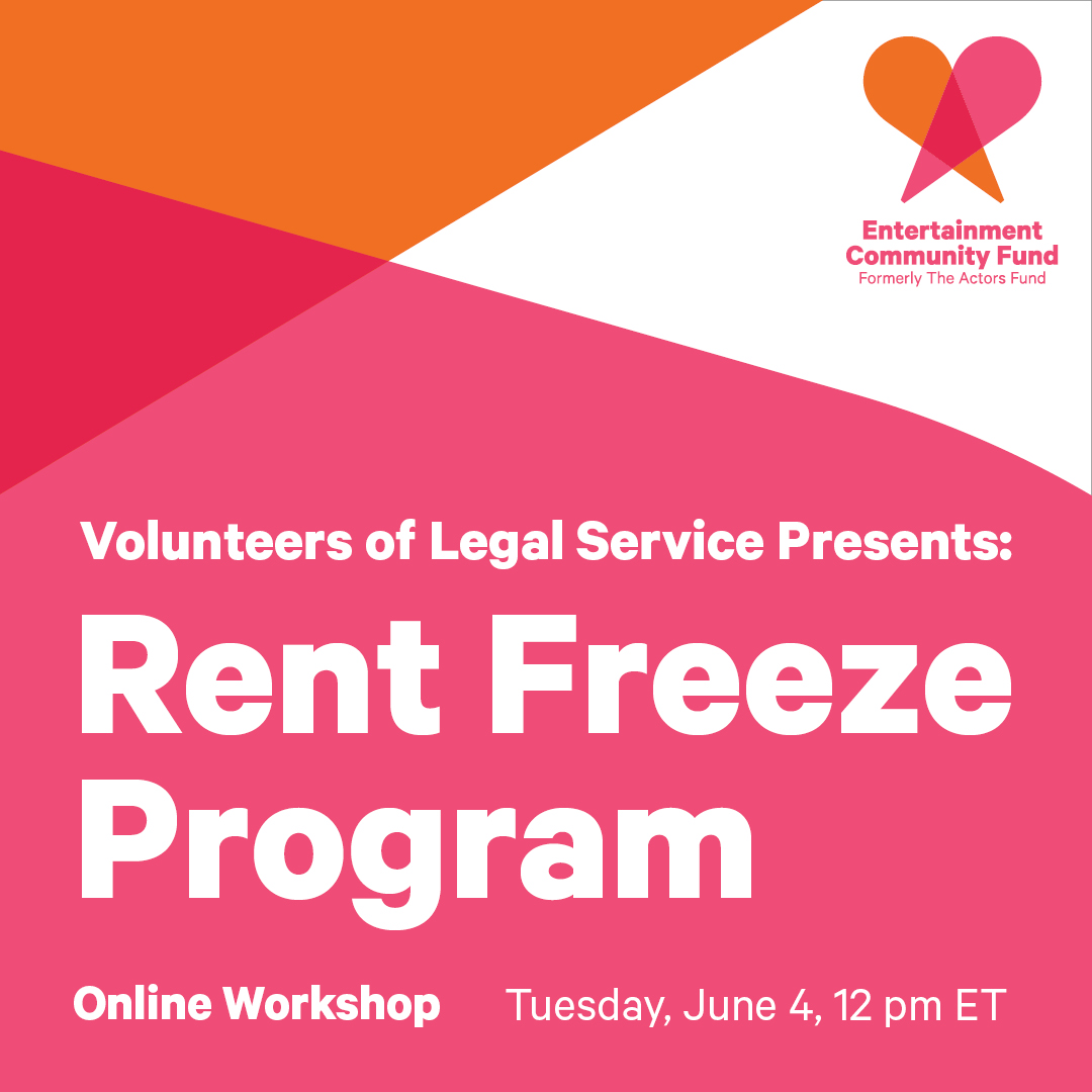 Do you want to learn more about New York’s Rent Freeze Program? Join us and Attorney Tori Roseman from @VOLSProBono at this #FreeWorkshop to learn more. RSVP: ow.ly/x8t350RIn95 #KnowYourRights #LifeInTheArts #RentFreeze #Housing #OnlineWorkshop