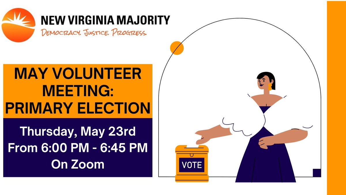Join us TONIGHT for our May volunteer meeting. Our team is prepping to launch field work in Alexandria ahead of the primary election. We’re going to share why this race matters and more! 📅Thursday, May 23rd ⏰6PM 📍Zoom ✍🏼Sign up here: mobilize.us/newvirginiamaj…