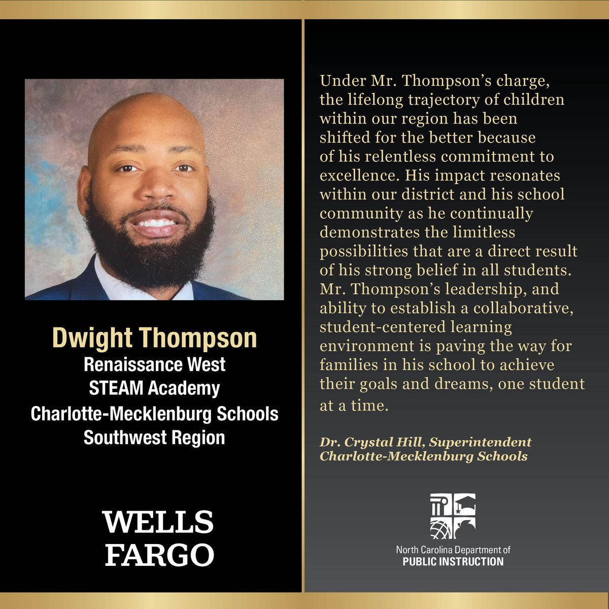 Friday is the day for the big reveal! Who will be the @WellsFargo 2024 NCPOY? Meet our SW Region POY Dwight Thompson. Join us May 24 at 12 pm for pre-show & NCPOY ceremony livestreams - youtube.com/ncpublicschools & facebook.com/ncpublicschools with support from @EquitableFin & @MyPBSNC.