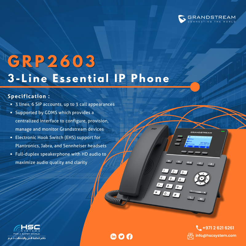 The GRP2603 provides crystal-clear HD audio, ensuring clear and professional communication. #HSCS #Grandstream #forasaferworld #uae #abudhabi #dubai #digitaltransformation #ملتزمون_ياوطن #نتصدر_المشهد