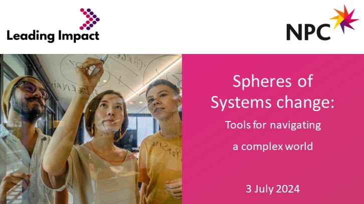 This webinar will share tools from NPC’s new systems practice toolkit. It will cover the Spheres of Systems Change Framework, developed by Seth Reynolds to help individual & organisations navigate the complex dynamics of systems change more effectively: thinknpc.org/events-and-tra…