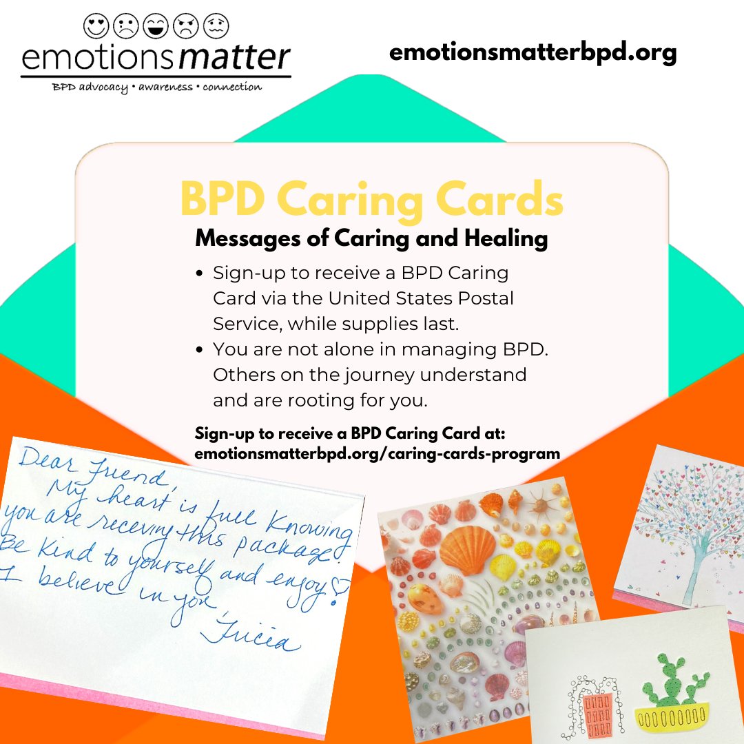 embpd's tweet photo. When was the last time you got a handwritten note of encouragement in the mail? Sometimes feeling understood and supported by others can make a difference on a hard day. Sign up to receive an Emotions Matter BPD Caring Card at https://t.co/G3EfNWdJHB #BPD #bpdrecovery #bpdsupport https://t.co/vLNW4slmd0
